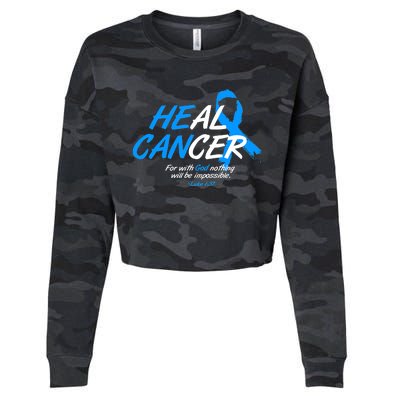 He Can Heal Cancer Colon Cancer Awareness Blue Ribbon Cropped Pullover Crew