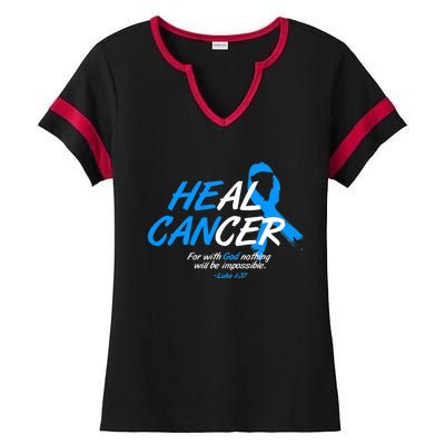 He Can Heal Cancer Colon Cancer Awareness Blue Ribbon Ladies Halftime Notch Neck Tee