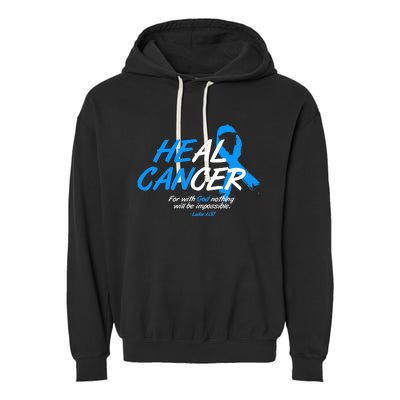 He Can Heal Cancer Colon Cancer Awareness Blue Ribbon Garment-Dyed Fleece Hoodie