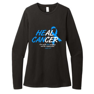 He Can Heal Cancer Colon Cancer Awareness Blue Ribbon Womens CVC Long Sleeve Shirt