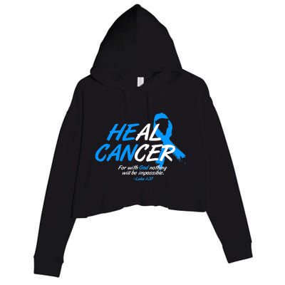 He Can Heal Cancer Colon Cancer Awareness Blue Ribbon Crop Fleece Hoodie