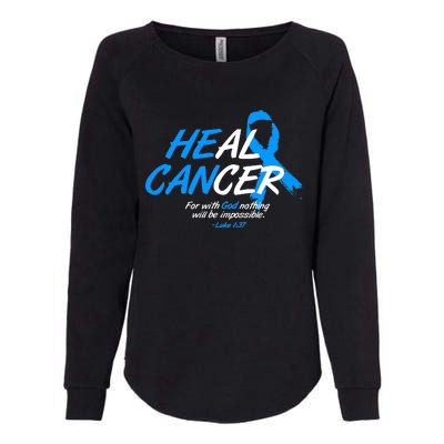 He Can Heal Cancer Colon Cancer Awareness Blue Ribbon Womens California Wash Sweatshirt