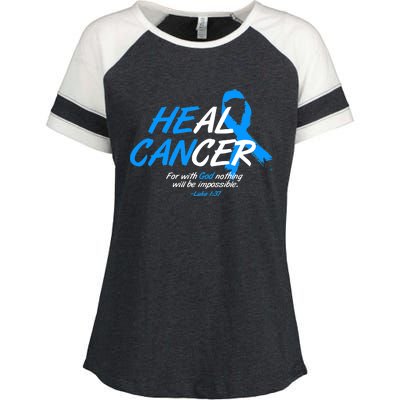 He Can Heal Cancer Colon Cancer Awareness Blue Ribbon Enza Ladies Jersey Colorblock Tee