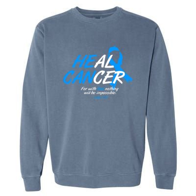 He Can Heal Cancer Colon Cancer Awareness Blue Ribbon Garment-Dyed Sweatshirt