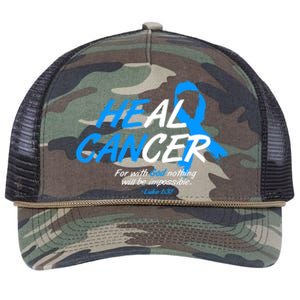 He Can Heal Cancer Colon Cancer Awareness Blue Ribbon Retro Rope Trucker Hat Cap