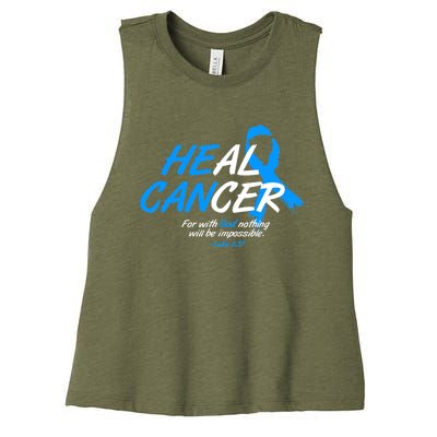 He Can Heal Cancer Colon Cancer Awareness Blue Ribbon Women's Racerback Cropped Tank