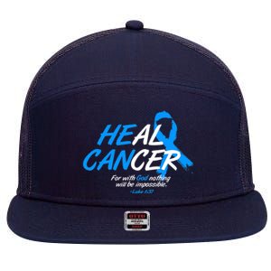 He Can Heal Cancer Colon Cancer Awareness Blue Ribbon 7 Panel Mesh Trucker Snapback Hat