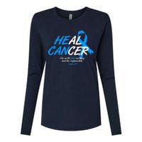 He Can Heal Cancer Colon Cancer Awareness Blue Ribbon Womens Cotton Relaxed Long Sleeve T-Shirt