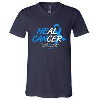 He Can Heal Cancer Colon Cancer Awareness Blue Ribbon V-Neck T-Shirt