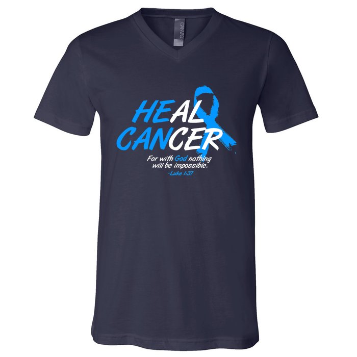 He Can Heal Cancer Colon Cancer Awareness Blue Ribbon V-Neck T-Shirt