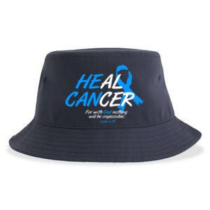 He Can Heal Cancer Colon Cancer Awareness Blue Ribbon Sustainable Bucket Hat