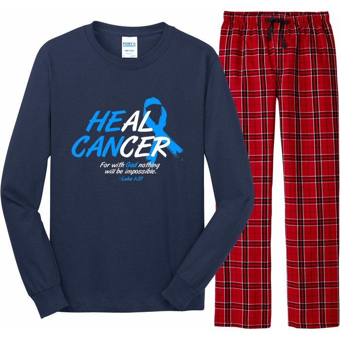 He Can Heal Cancer Colon Cancer Awareness Blue Ribbon Long Sleeve Pajama Set