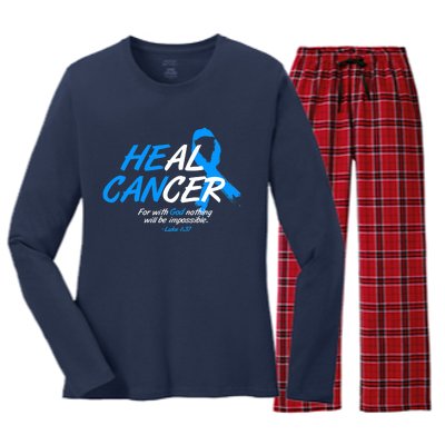 He Can Heal Cancer Colon Cancer Awareness Blue Ribbon Women's Long Sleeve Flannel Pajama Set 