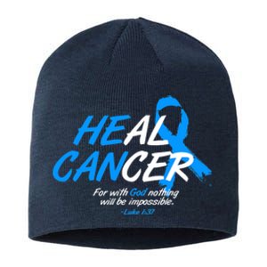 He Can Heal Cancer Colon Cancer Awareness Blue Ribbon Sustainable Beanie