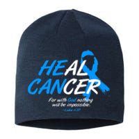 He Can Heal Cancer Colon Cancer Awareness Blue Ribbon Sustainable Beanie