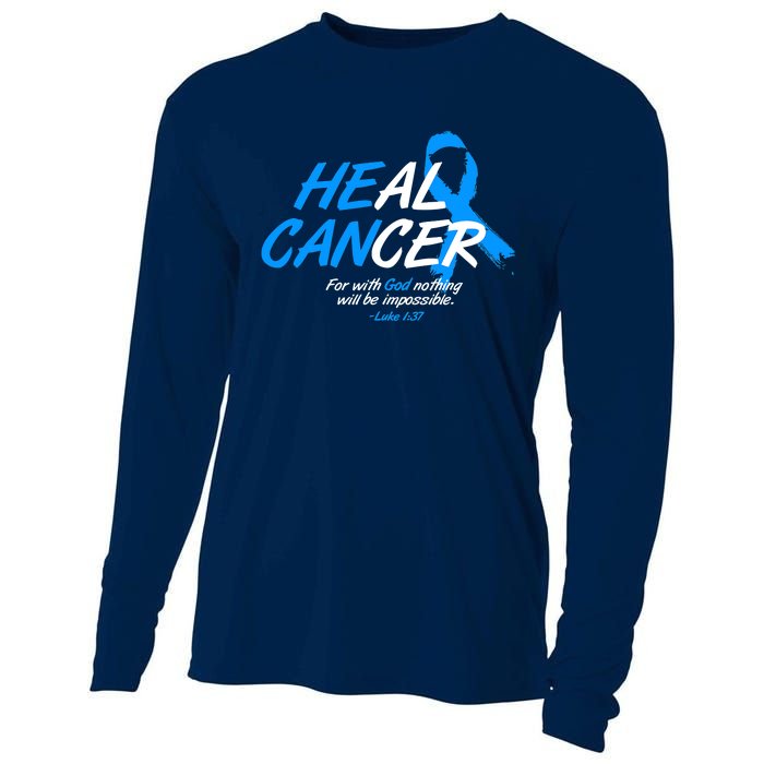 He Can Heal Cancer Colon Cancer Awareness Blue Ribbon Cooling Performance Long Sleeve Crew