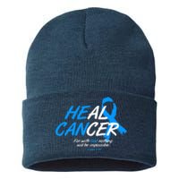 He Can Heal Cancer Colon Cancer Awareness Blue Ribbon Sustainable Knit Beanie