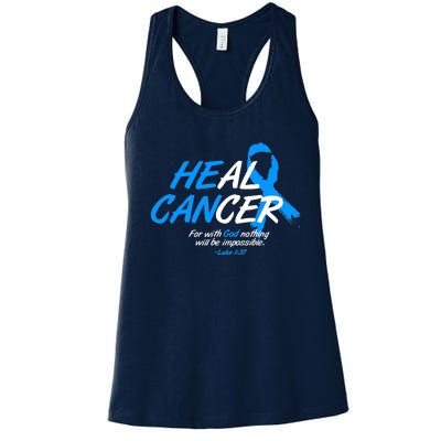 He Can Heal Cancer Colon Cancer Awareness Blue Ribbon Women's Racerback Tank