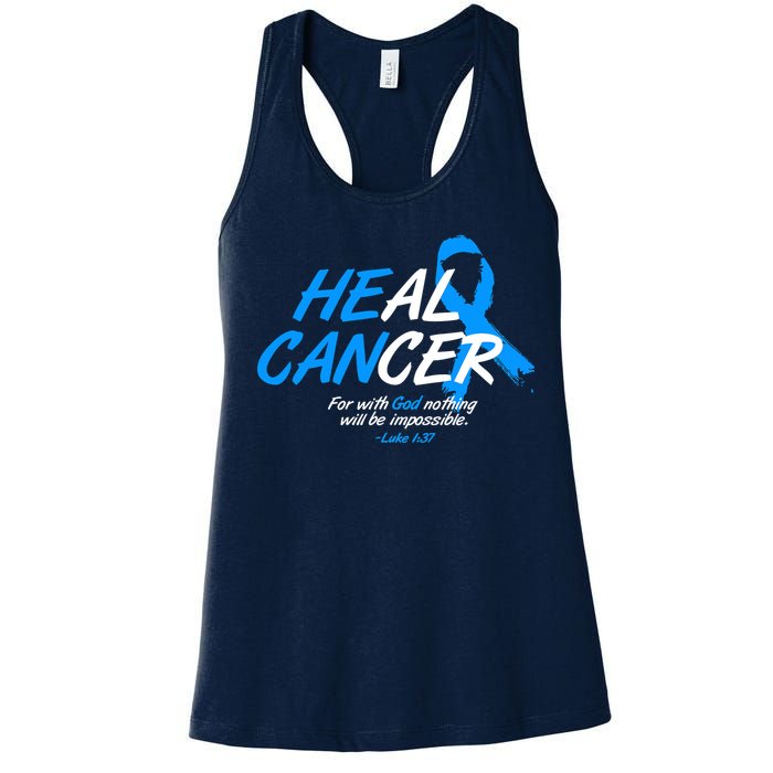 He Can Heal Cancer Colon Cancer Awareness Blue Ribbon Women's Racerback Tank