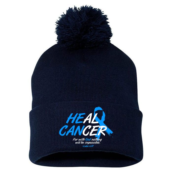 He Can Heal Cancer Colon Cancer Awareness Blue Ribbon Pom Pom 12in Knit Beanie