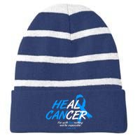 He Can Heal Cancer Colon Cancer Awareness Blue Ribbon Striped Beanie with Solid Band