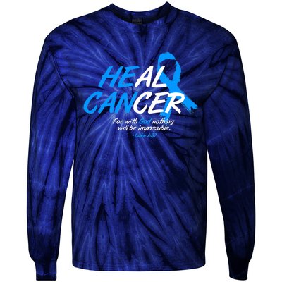 He Can Heal Cancer Colon Cancer Awareness Blue Ribbon Tie-Dye Long Sleeve Shirt