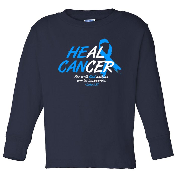 He Can Heal Cancer Colon Cancer Awareness Blue Ribbon Toddler Long Sleeve Shirt