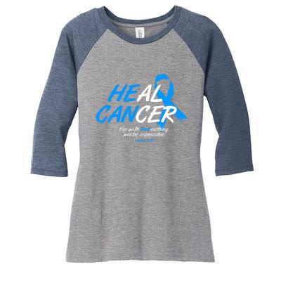 He Can Heal Cancer Colon Cancer Awareness Blue Ribbon Women's Tri-Blend 3/4-Sleeve Raglan Shirt