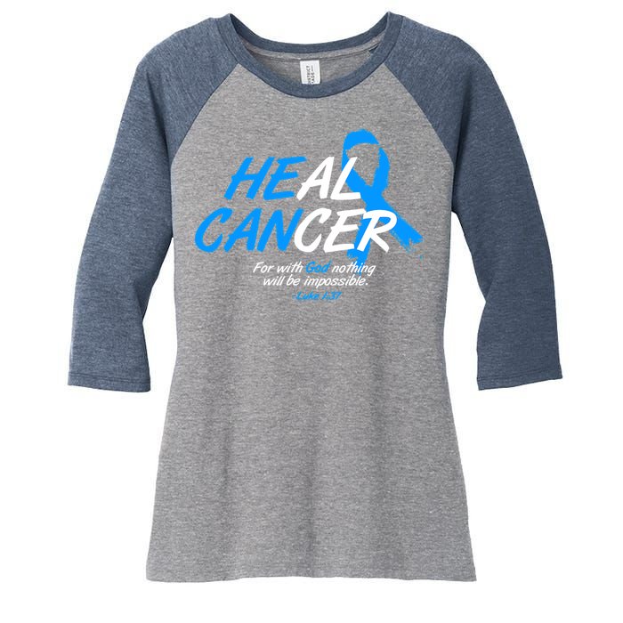 He Can Heal Cancer Colon Cancer Awareness Blue Ribbon Women's Tri-Blend 3/4-Sleeve Raglan Shirt