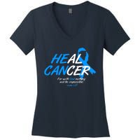 He Can Heal Cancer Colon Cancer Awareness Blue Ribbon Women's V-Neck T-Shirt