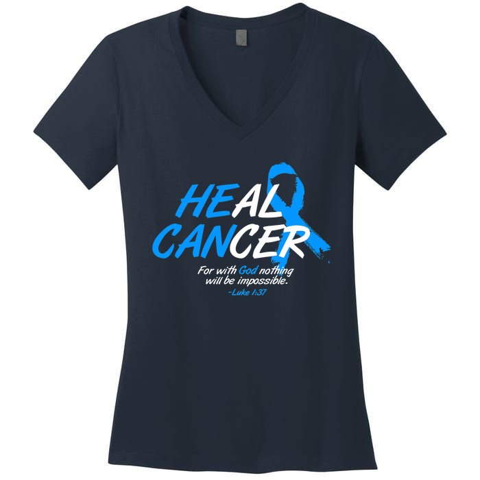 He Can Heal Cancer Colon Cancer Awareness Blue Ribbon Women's V-Neck T-Shirt