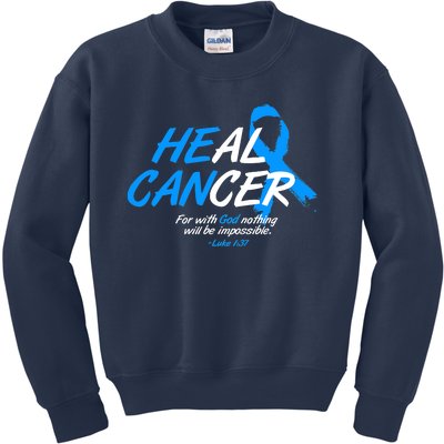 He Can Heal Cancer Colon Cancer Awareness Blue Ribbon Kids Sweatshirt