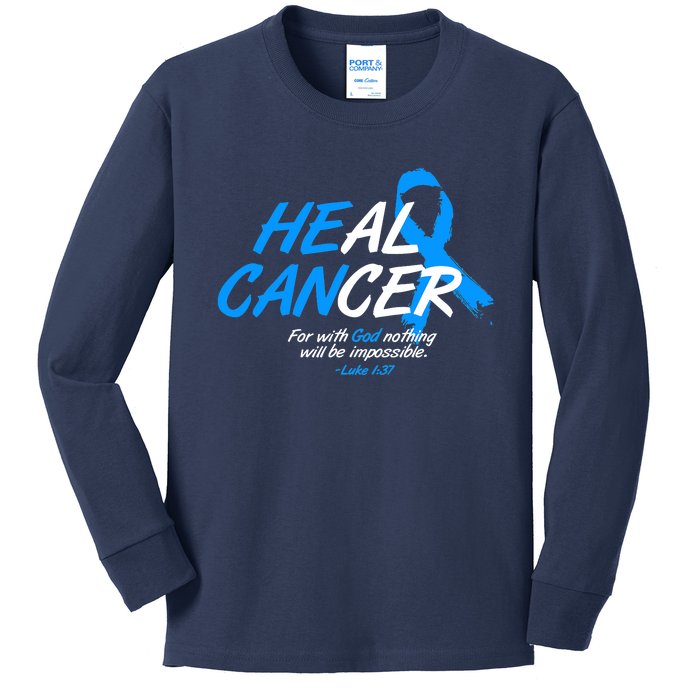 He Can Heal Cancer Colon Cancer Awareness Blue Ribbon Kids Long Sleeve Shirt