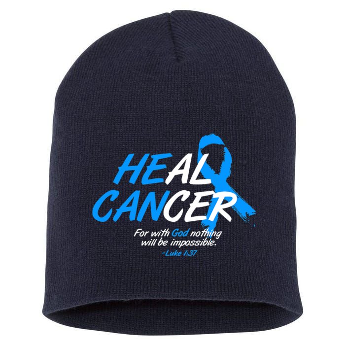 He Can Heal Cancer Colon Cancer Awareness Blue Ribbon Short Acrylic Beanie