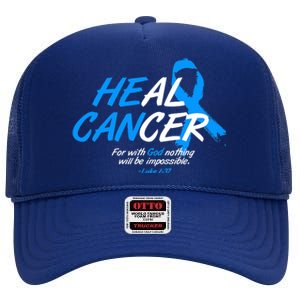 He Can Heal Cancer Colon Cancer Awareness Blue Ribbon High Crown Mesh Back Trucker Hat