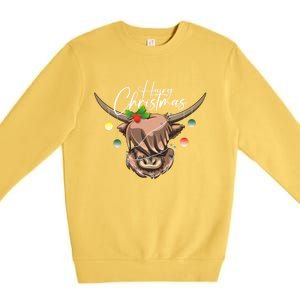 Hairy Christmas Highland Cow Christmas Light Cow Gift Premium Crewneck Sweatshirt