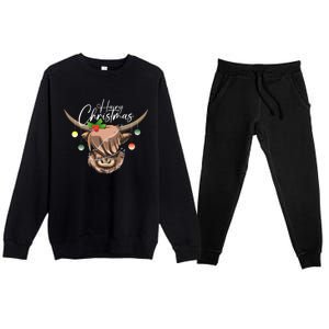 Hairy Christmas Highland Cow Christmas Light Cow Gift Premium Crewneck Sweatsuit Set