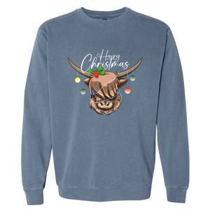 Hairy Christmas Highland Cow Christmas Light Cow Gift Garment-Dyed Sweatshirt