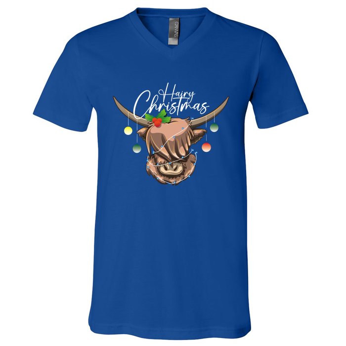 Hairy Christmas Highland Cow Christmas Light Cow Gift V-Neck T-Shirt