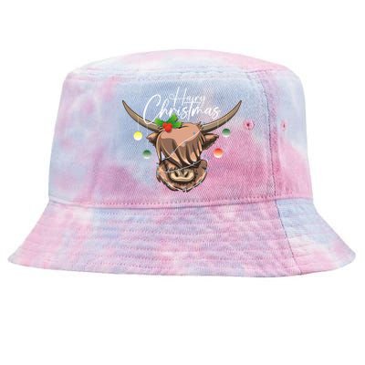 Hairy Christmas Highland Cow Christmas Light Cow Gift Tie-Dyed Bucket Hat