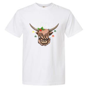 Hairy Christmas Highland Cow Christmas Light Cow Gift Garment-Dyed Heavyweight T-Shirt