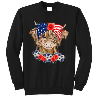 Highland Cow Heifer Bandana American Flag 4th Of July Sweatshirt