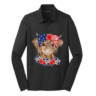 Highland Cow Heifer Bandana American Flag 4th Of July Silk Touch Performance Long Sleeve Polo