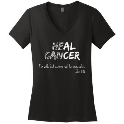 He Can Heal Cancer Christian / Zebra Print Rare Cancers Women's V-Neck T-Shirt