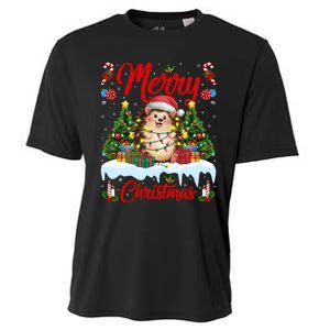 Hedgehog Christmas Hedgehog Xmas Tree Lighting Santa Hat Cooling Performance Crew T-Shirt