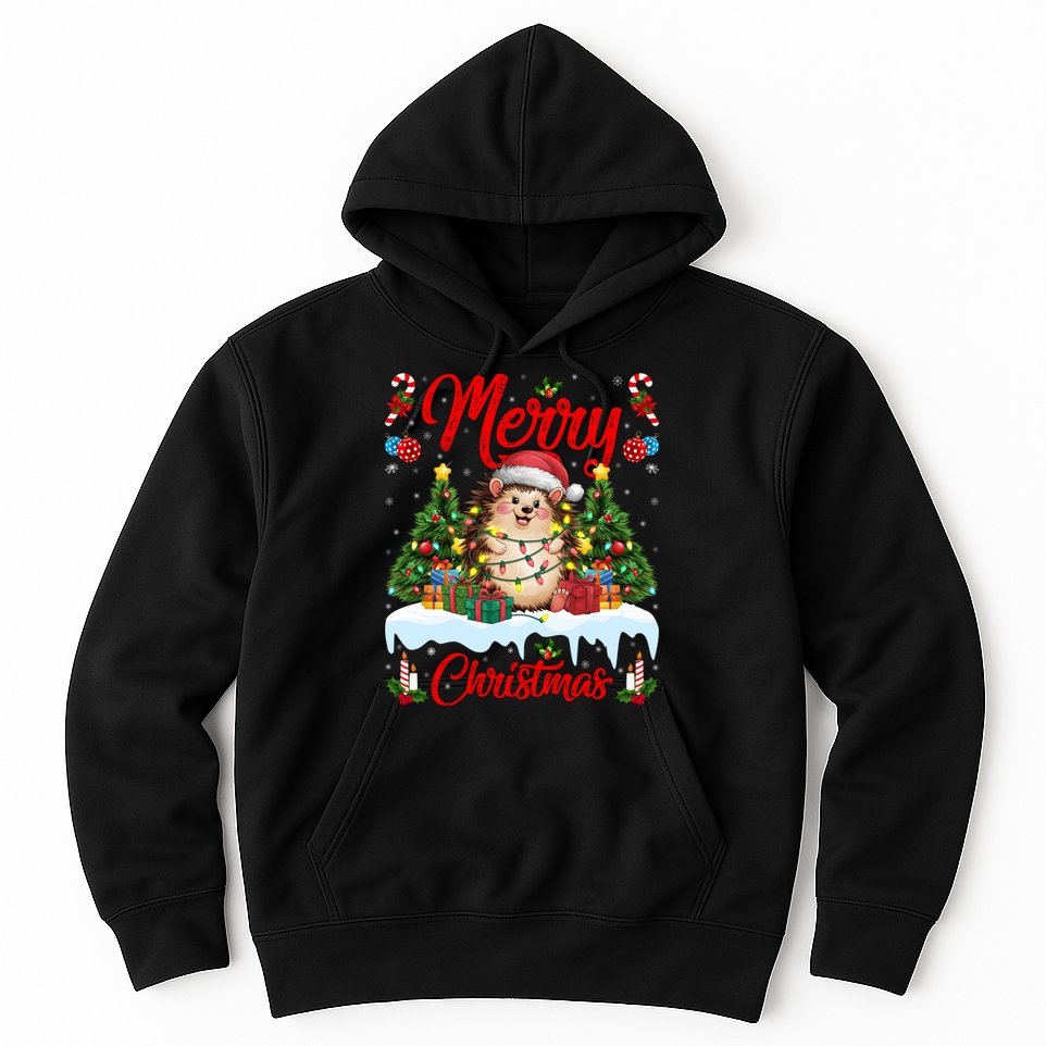 Hedgehog Christmas Hedgehog Xmas Tree Lighting Santa Hat Hoodie
