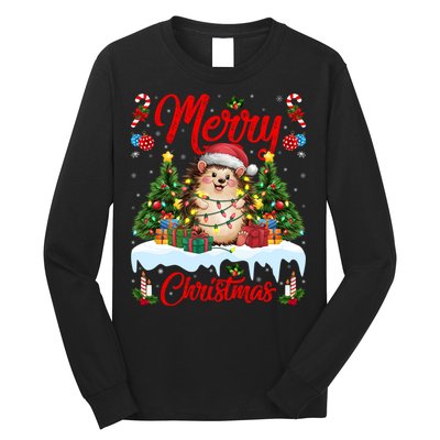 Hedgehog Christmas Hedgehog Xmas Tree Lighting Santa Hat Long Sleeve Shirt