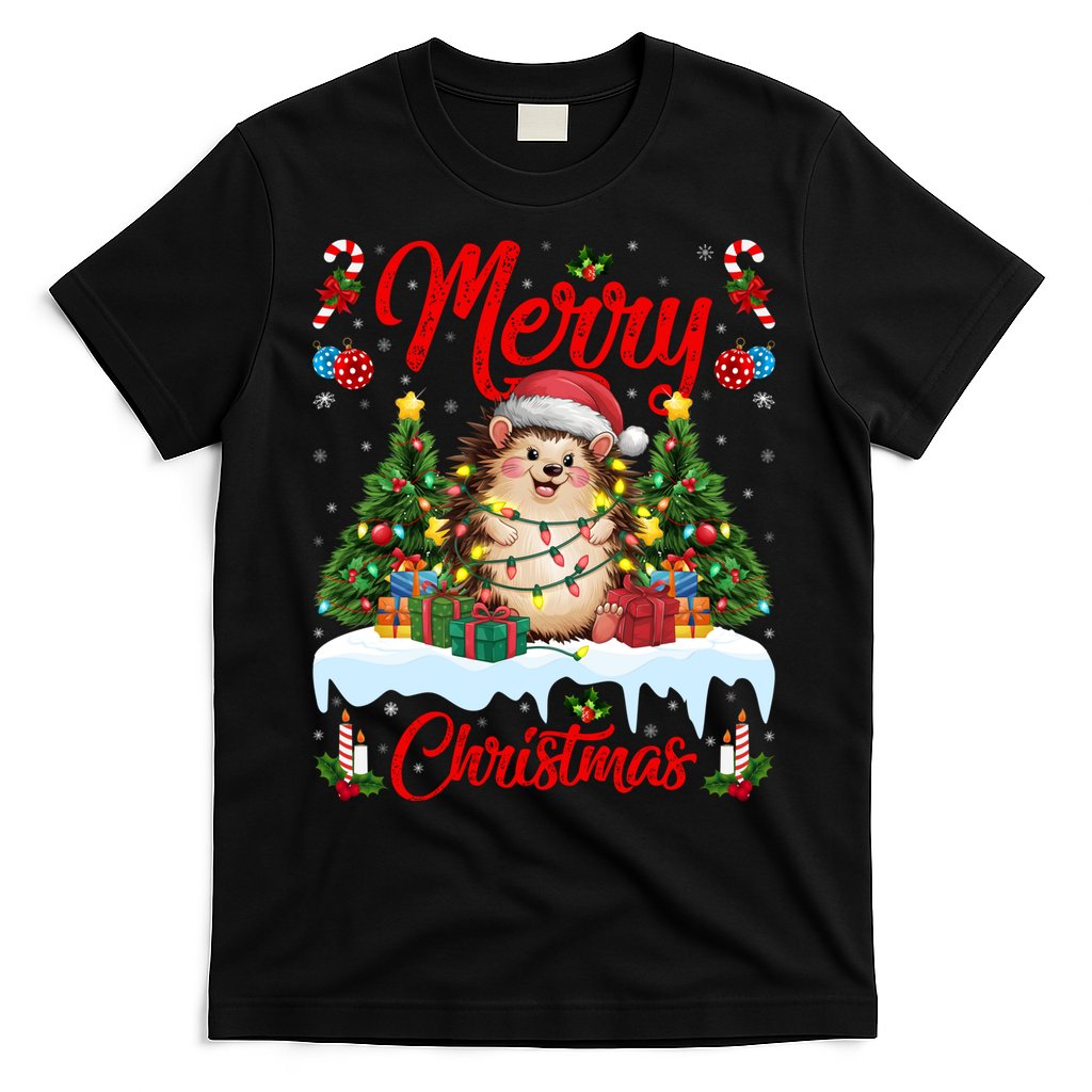 Hedgehog Christmas Hedgehog Xmas Tree Lighting Santa Hat T-Shirt