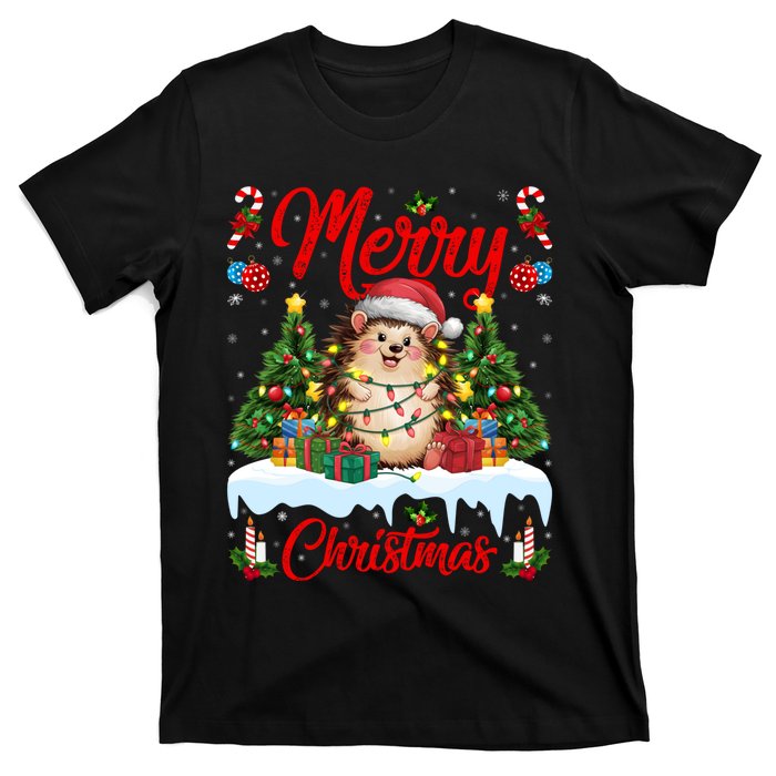 Hedgehog Christmas Hedgehog Xmas Tree Lighting Santa Hat T-Shirt