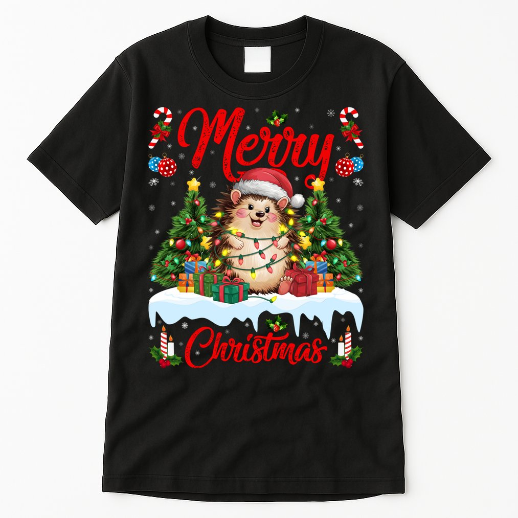 Hedgehog Christmas Hedgehog Xmas Tree Lighting Santa Hat Tall T-Shirt